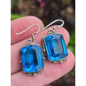 Vintage Faceted London Blue Topaz Sterling Silver Dangle French Wire Earrings
